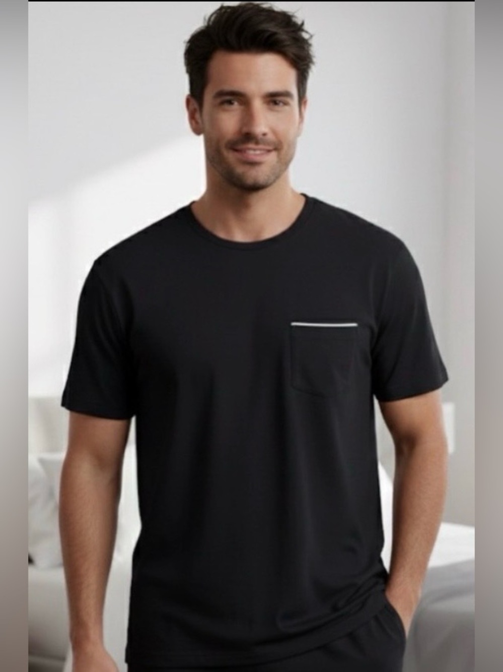 Lacoste black, round neck, short sleeve sleep wear shirt, chest pocket XL